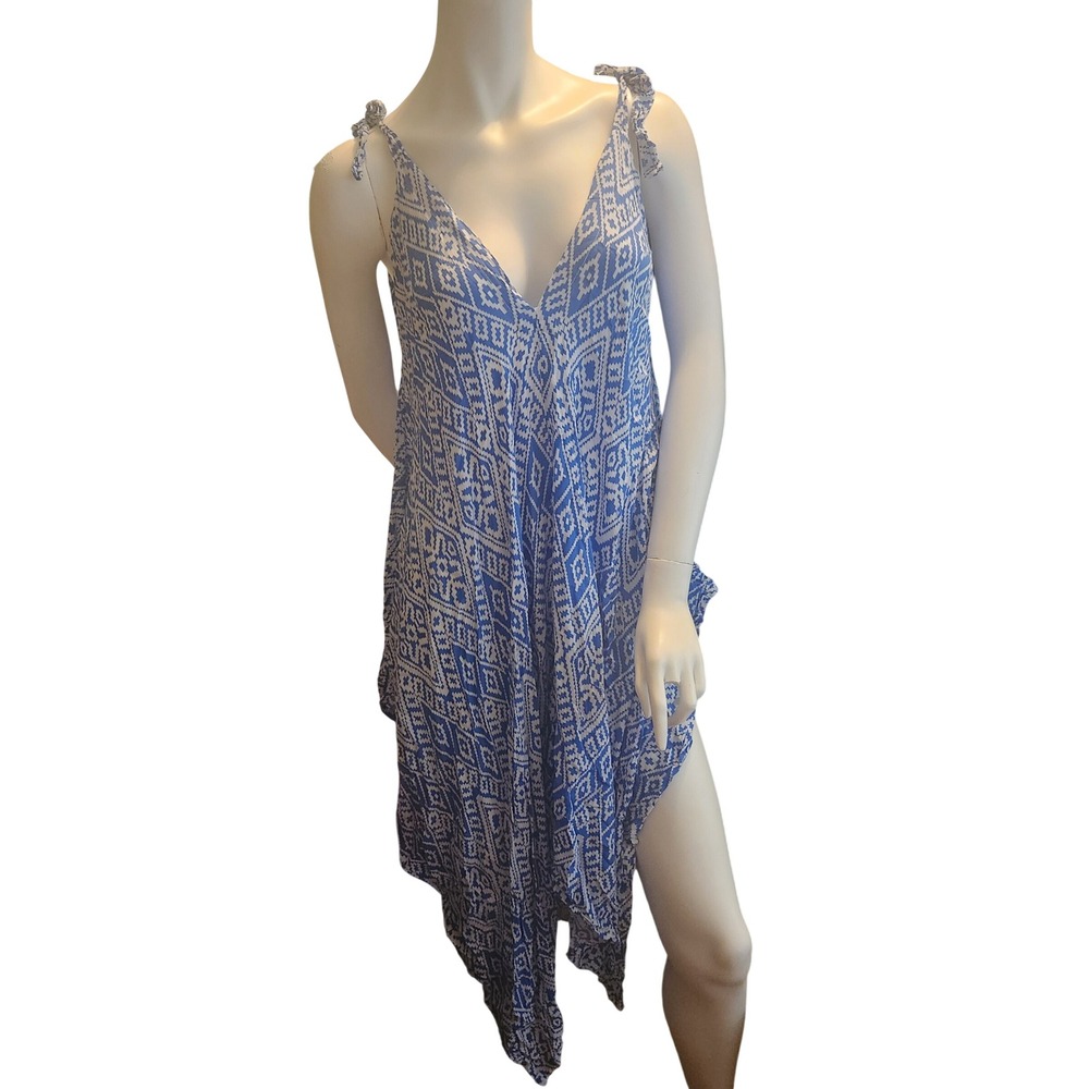 Sol & Luna Blue White Geometric Handkerchief Hem Tie Shoulder Dress One Size